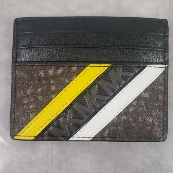 Michael Kors Card Holder Wallet Monogram Stripe Brown Black Yellow White Logo - Picture 1 of 5